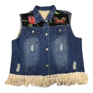 Upcycled Embellished Denim Vest Crochet Fringe and Floral Accents Large OOAK